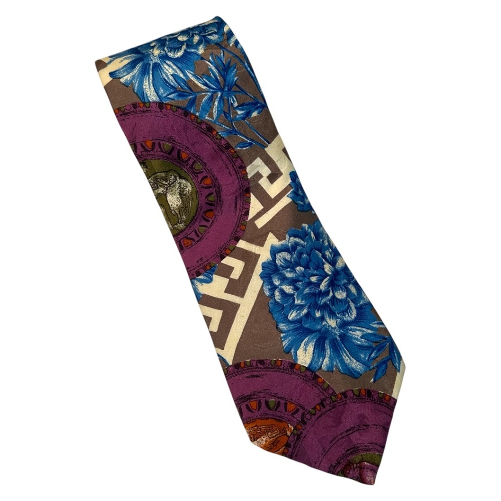 Tie Flower Medallion Circle Greek Blue Purple Brown Tan 100% Silk Italy Men Tie